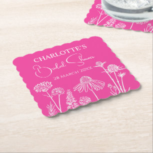 Hot Pink Wildflowers Sketched Floral Paper Coaster