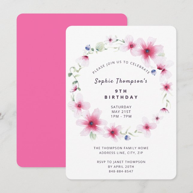 Hot Pink Wildflowers Wreath Girly Birthday Party Invitation (Front/Back)