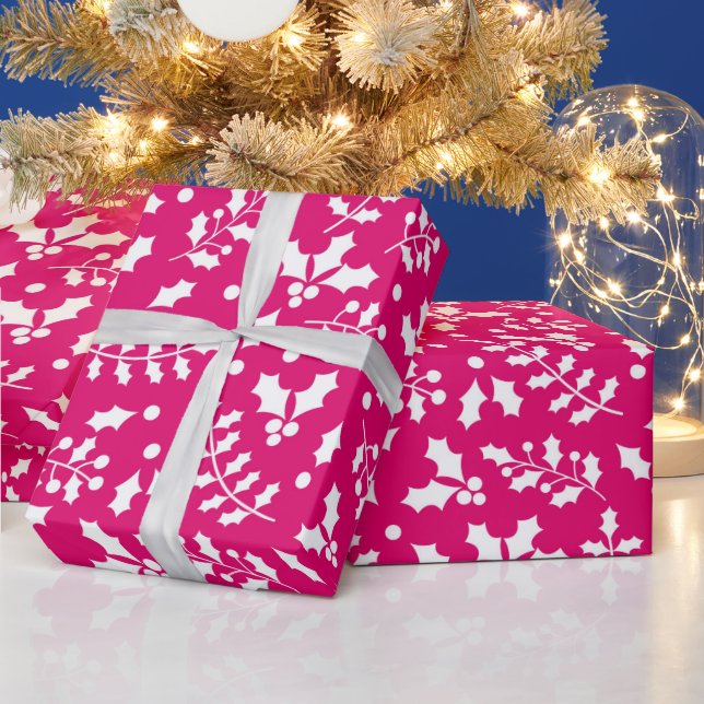 Hot Pink Winter Christmas Holly Wrapping Paper (Holidays)