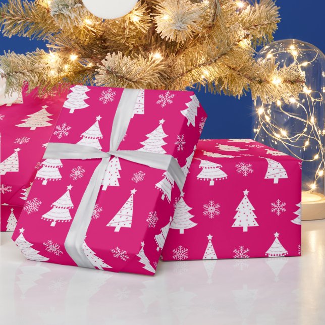 Hot Pink Winter Christmas Tree & Snowflakes Wrapping Paper (Holidays)