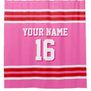 Hot Pink with Red White Stripes Sports Jersey Shower Curtain