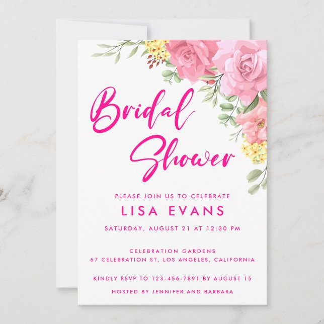 Hot Pink With Roses Bridal Shower Invitation (Front)