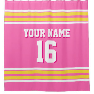 Hot Pink with Yellow White Stripes Sports Jersey Shower Curtain