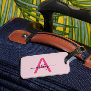 Hot Pink World Traveller Map Monogram Name Luggage Tag
