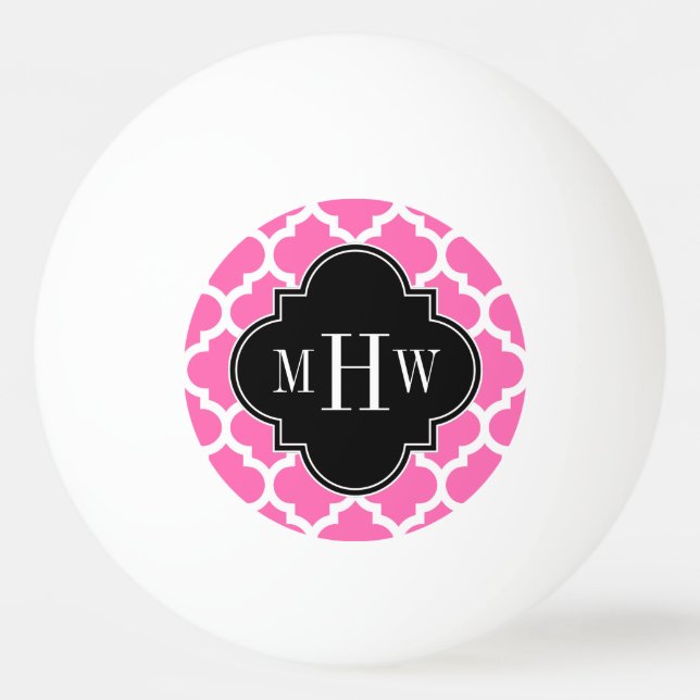 Hot Pink Wt Moroccan #5 Black 3 Initial Monogram Ping Pong Ball (Front)