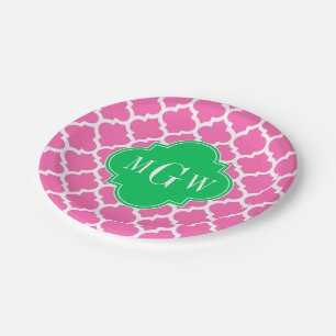 Hot Pink Wt Moroccan #5 Emerald 3 Initial Monogram Paper Plate