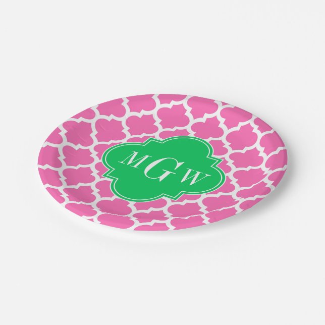 Hot Pink Wt Moroccan #5 Emerald 3 Initial Monogram Paper Plate (Angled)
