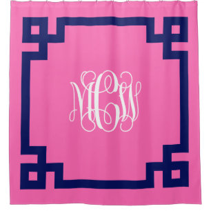 Hot Pink Wt Vine Monogram DIY BG & Greek Key Frame Shower Curtain