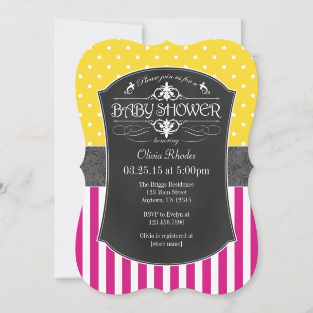 Hot Pink Yellow Grey Chalkboard Stripe Baby Shower Invitation (Front)