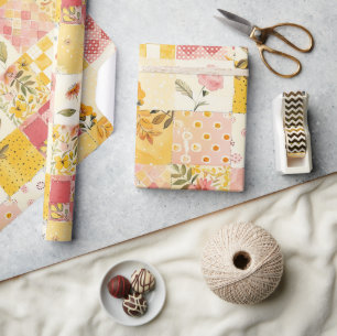 Hot Pink Yellow Quilt Gingham Cottagecore Floral Wrapping Paper