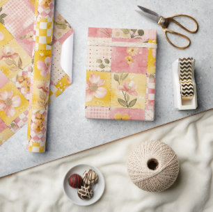 Hot Pink Yellow Quilt Gingham Cottagecore Floral Wrapping Paper
