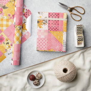 Hot Pink Yellow Quilt Gingham Cottagecore Floral Wrapping Paper