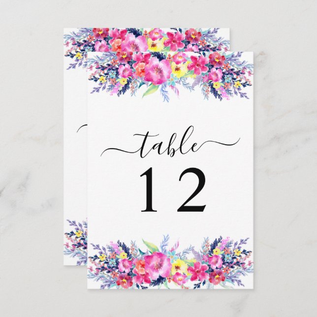 Hot Pink & Yellow Spring Floral Table Number Card (Front/Back)