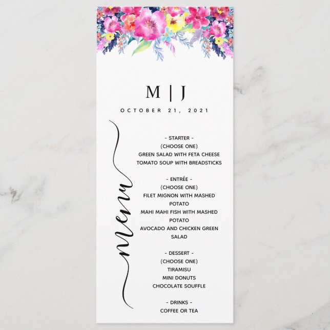 Hot Pink & Yellow Spring Floral Wedding Menu (Front)