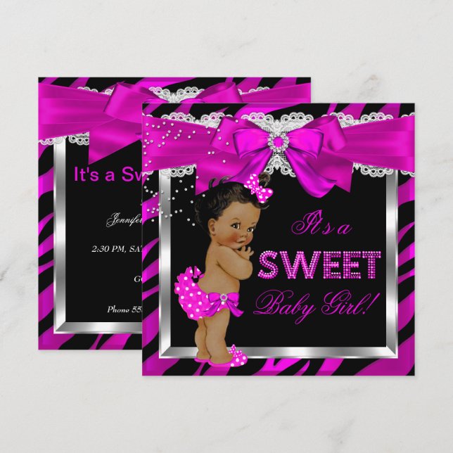 Hot Pink Zebra Baby Shower Girl African American Invitation (Front/Back)