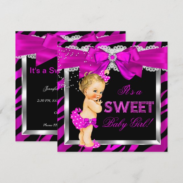 Hot Pink Zebra Baby Shower Girl Blonde Baby Invitation (Front/Back)