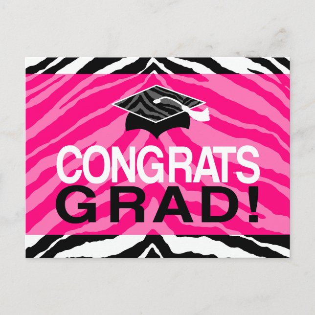 Hot Pink Zebra Congrats Girl's Graduation Party Invitation Postcard (Front)
