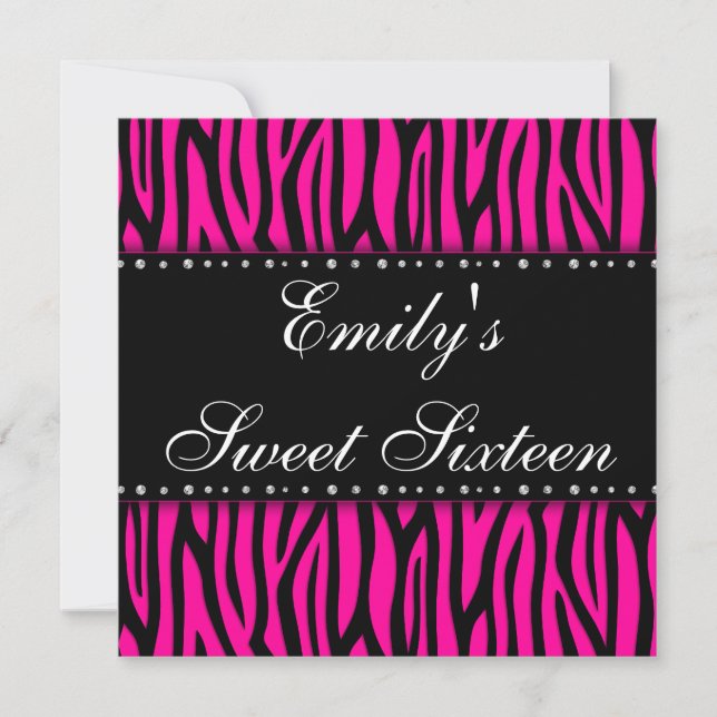 Hot Pink Zebra Diamonds Sweet 16 Birthday Invitation (Front)