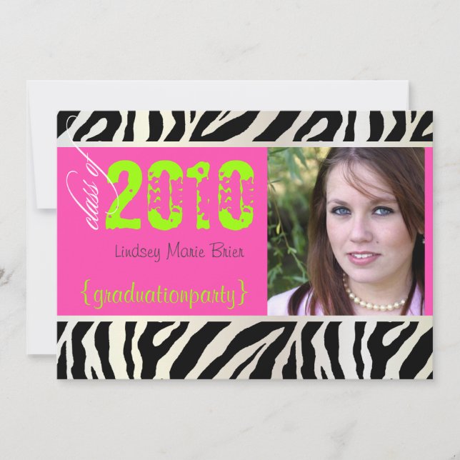 Hot Pink Zebra Graduation Photo Invitation (Front)