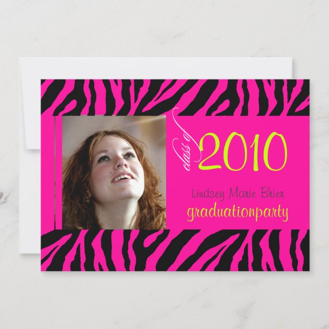 Hot Pink Zebra Graduation Photo Invitation (Front)
