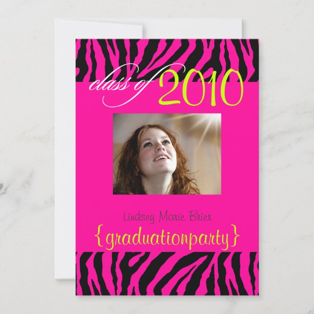 Hot Pink Zebra Graduation Photo Invitation (Front)