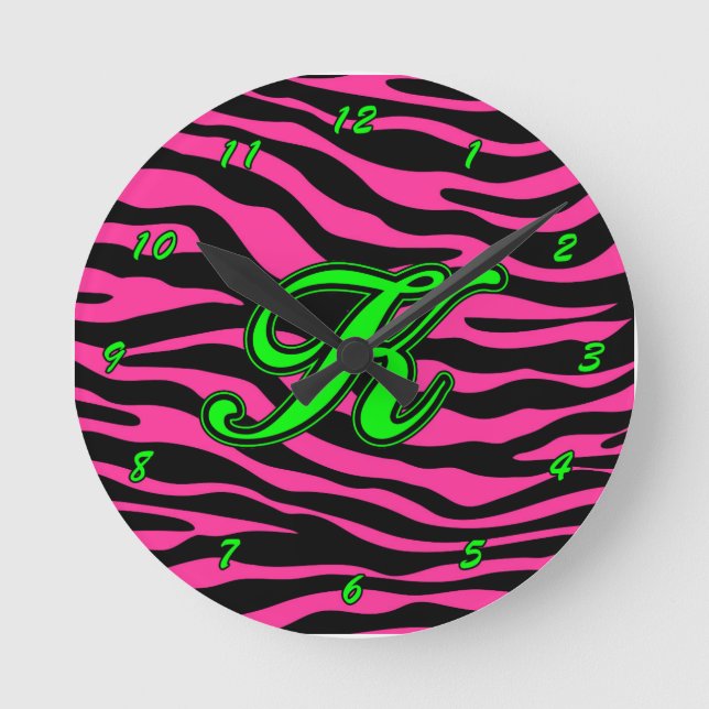 HOT PINK ZEBRA GREEN K ROUND CLOCK (Front)