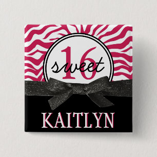 Hot Pink zebra Personalised Sweet 16 15 Cm Square Badge