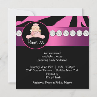 Hot Pink Zebra Princess Girl Baby Shower Invitation