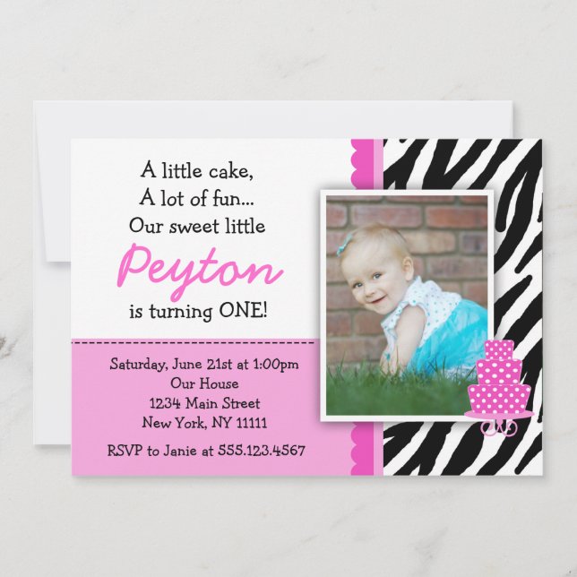 Hot Pink Zebra Print First Birthday Invitations (Front)