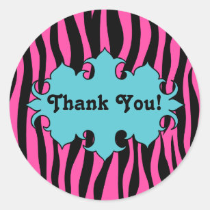 Hot pink zebra print with blue banner thank you classic round sticker