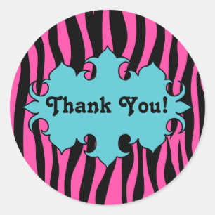 Hot pink zebra print with blue banner thank you classic round sticker