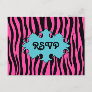 Hot pink zebra print with blue banner wedding RSVP Invitation Postcard