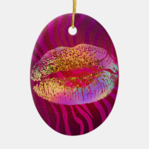 Hot Pink Zebra Rainbow Gold Glitter Lips Custom Ceramic Tree Decoration