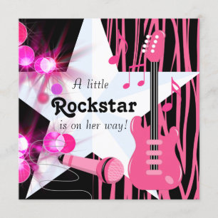 Hot Pink Zebra Rockstar Baby Girl Shower Invitation