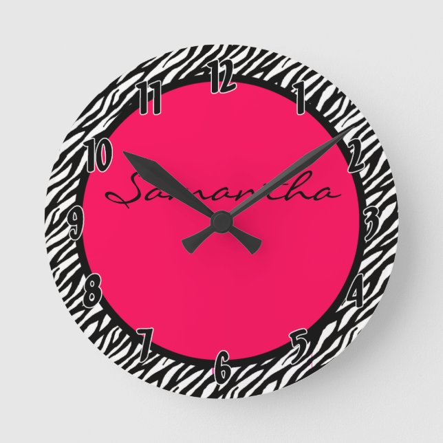 Hot Pink Zebra Stripe Pattern Personalised Clock (Front)