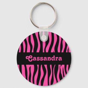 Hot pink zebra stripes add your name key ring