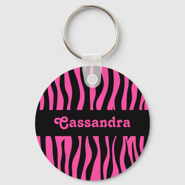 Hot pink zebra stripes add your name key ring (Front)
