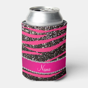 Hot pink zebra stripes black glitter pink stripe can cooler