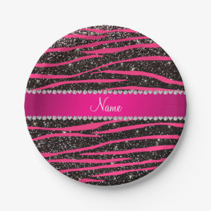 Hot pink zebra stripes black glitter pink stripe paper plate