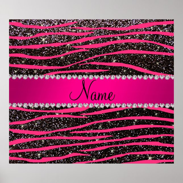 Hot pink zebra stripes black glitter pink stripe poster (Front)