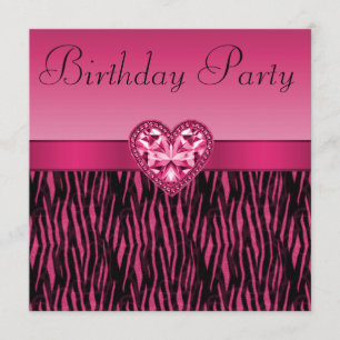 Hot Pink Zebra Stripes & Bling Heart Birthday Invitation