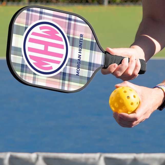 Hot Pk Circle Monogram Font Pink Navy Green Madras Pickleball Paddle (Creator Uploaded)