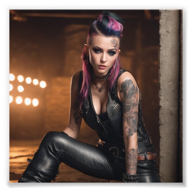 Hot Punk Tattoo Girl in Leather in Dance Studio Photo Print (Front)