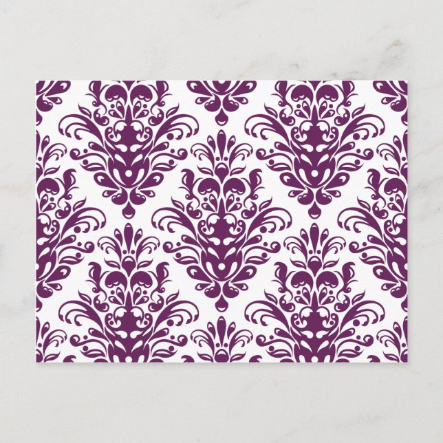 Hot Purple and White Elegant Damask Pattern Postcard (Front)
