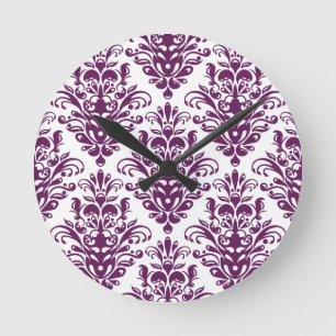 Hot Purple and White Elegant Damask Pattern Round Clock