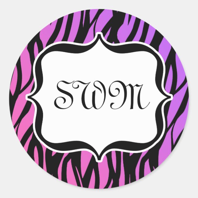 Hot Purple/Pink Zebra Stripes Monogram Classic Round Sticker (Front)