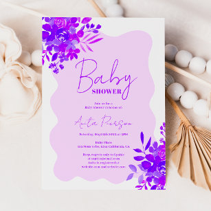 Hot purple wavy frame boho floral baby shower invitation