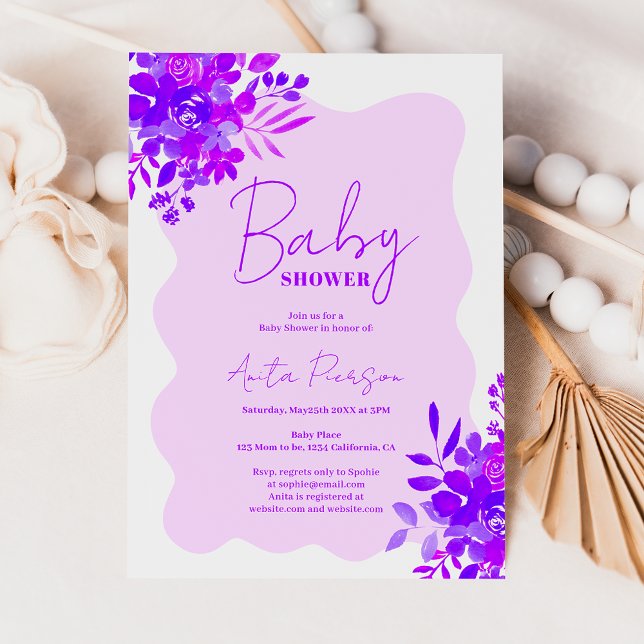 Hot purple wavy frame boho floral baby shower invitation (Hot purple wavy frame boho floral baby shower invitation)