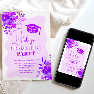 Hot purple wavy frame boho floral graduation invitation