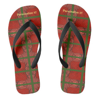 Hot red and green abstract design flip flops. jandals